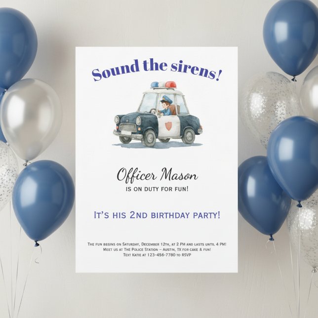 Convites Police Birthday Invitation • Officer Car (Watercolor police birthday invitation for boy with blue balloon decor and neutral background)
