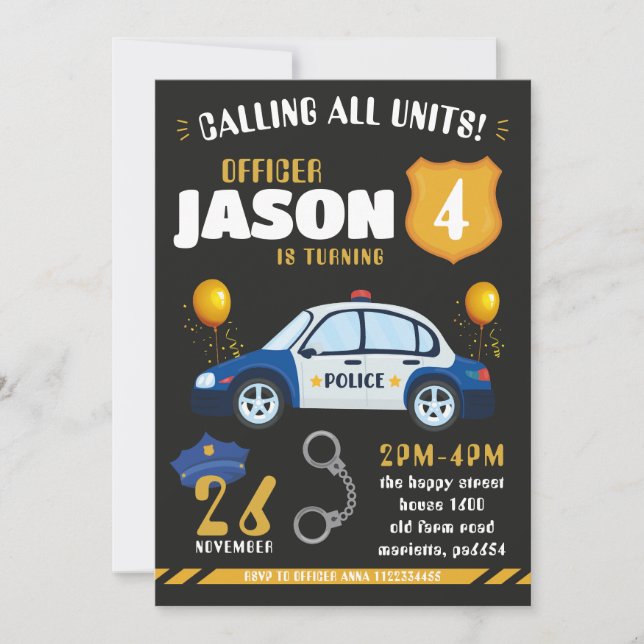 Convites Police Black Invitation for Birthday Party Cops (Frente)