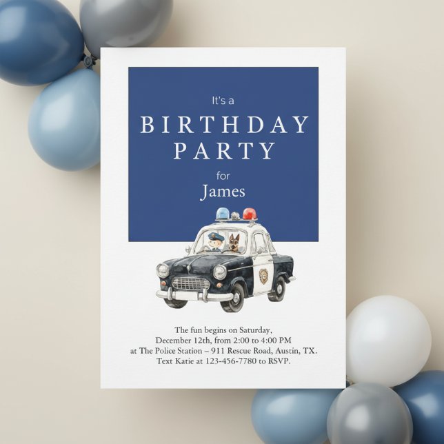 Convites Police Car Birthday Invitation • Boy Party Invite (Watercolor police birthday invitation on beige surface with blue balloon decor in background)