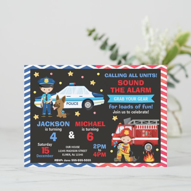 Convites Police & Firefighter Joint Birthday (Em pé/Frente)