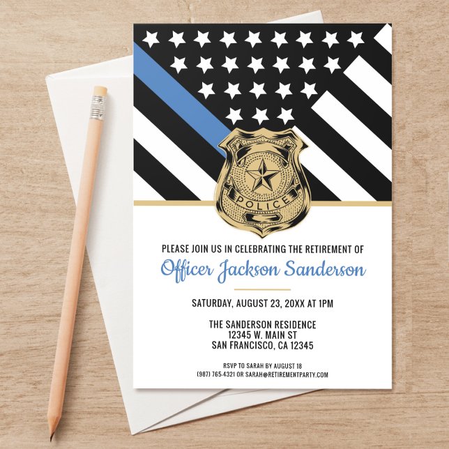 Convites Polícia de Linha Azul Fino da Polícia (Perfect invitations to invite guests to honor the retiring police and law enforcement officer.)