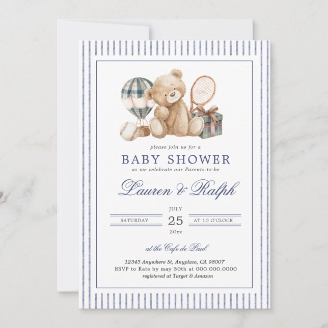 Convites Polo Bear Baby Shower Preppy Boy Plaid Baby Shower (Frente)