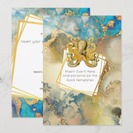 Convites Polvo aquarela dourado azul marrom náutico