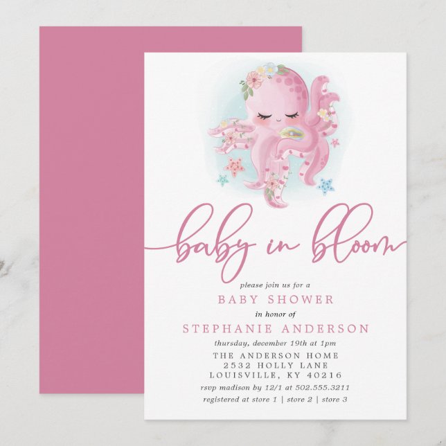 Convites Polvo Fofo Rosa Bebê em Flor Aniversário de Bebê (Frente/Verso)