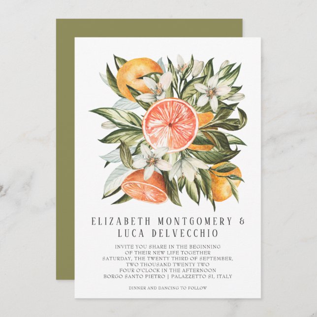Convites Pomar de Citrus| Casamento Botânico Boho (Frente/Verso)