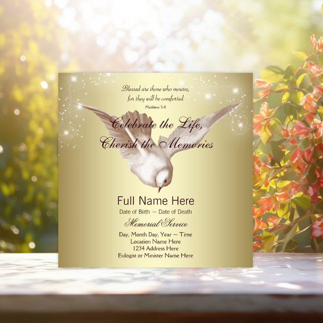 Convites Pomba Dourada Elegante Em Memória Comemorativa (Elegant gold dove memorial service announcements. Simply add your event details.)