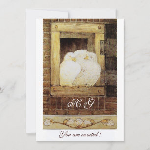 Convites POMBAS BRANCAS NA JANELA monograma, amarelo marrom