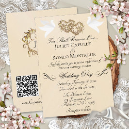 Convites Pombas, Corações, Código QR - Peach Pearl/Dourado