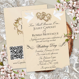 Convites Pombas, Corações, Código QR - Peach Pearl/Dourado