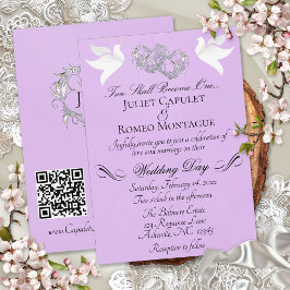 Convites Pombas, Corações, Código QR - Pérola Lavanda/Prata