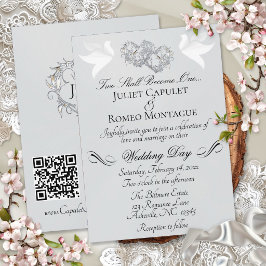 Convites Pombas, Corações, Código QR - Pérola Prata/Prata