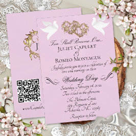 Convites Pombas, Corações, Código QR - Pérola Rosa/Dourado