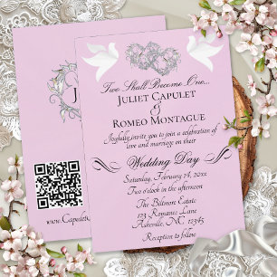 Convites Pombas, Corações, Código QR - Pérola Rosa/Prata