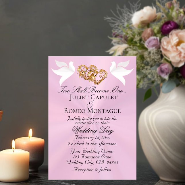 Convites Pombas, Corações, Código QR - Rosa Pastel/Dourado (Criador carregado)