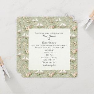 Convites Pombas de Casamento e Fitas Verde Sálvia