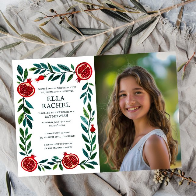 Convites Pomegranata PHOTO B'nai Bat Bar Mitzvah (Pomegranates Custom PHOTO B'nai Bat Bar Mitzvah Invitation
)