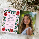 Convites Pomegranata PHOTO B'nai Bat Bar Mitzvah<br><div class="desc">Cartão perfeito para anunciar um bar mitzvah, bat mitzvah ou outra celebração judaica! Mão fez arte para você! TOTALMENTE PERSONALIZÁVEL! Clique em "Personalizar" acima para editar o texto e adicionar sua própria foto. Clique em "editar usando a ferramenta design" para ajustar as fontes, cores e posicionamentos. Você também pode mudar...</div>