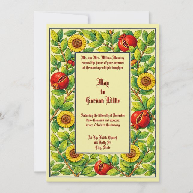 Convites Pomegranate Fruit & Floral Border Wedding (Frente)