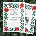 Convites Pomegranatos Código QR do Bar Bat Personalizado B'<br><div class="desc">Cartão perfeito para anunciar um bar mitzvah, bat mitzvah ou outra celebração judaica! Mão fez arte para você! TOTALMENTE PERSONALIZÁVEL! Clique em "Personalizar" acima para editar o texto e adicionar seu link ao código QR. Clique em "editar usando a ferramenta design" para ajustar as fontes, as cores e os posicionamentos...</div>