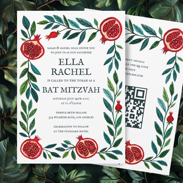 Convites Pomegranatos Código QR do Bar Bat Personalizado B' (Pomegranates Custom B'nai Bat Bar Mitzvah QR Code Invitation Jewish Digital Download Botanical 
)
