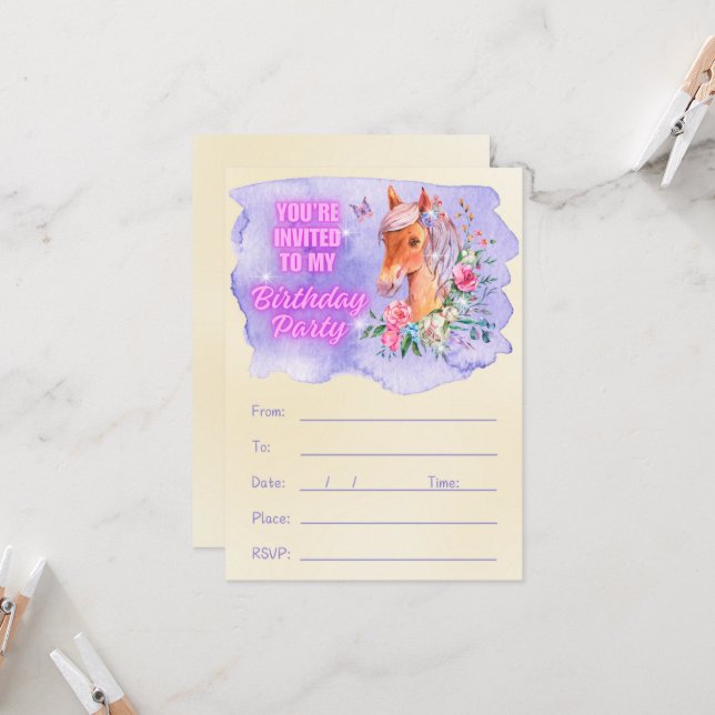 Convites Pônea Encantadora e flores selvagens Aniversário (Frente/Verso In Situ)