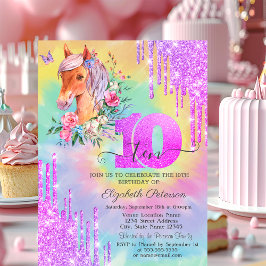 Convites Pônei com Glitter Drips Tie Dye 10º Aniversário 