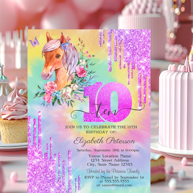 Convites Pônei com Glitter Drips Tie Dye 10º Aniversário  (Criador carregado)