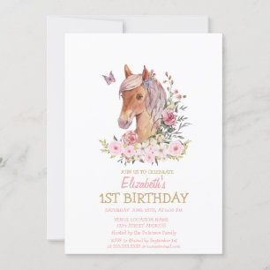 Convites Pônei de Aquarela Floral Listrado de Aniversário