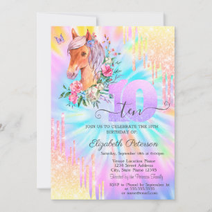 Convites Pônei Floral Brilho Gotas Tinta Tie Dye 10º Aniver