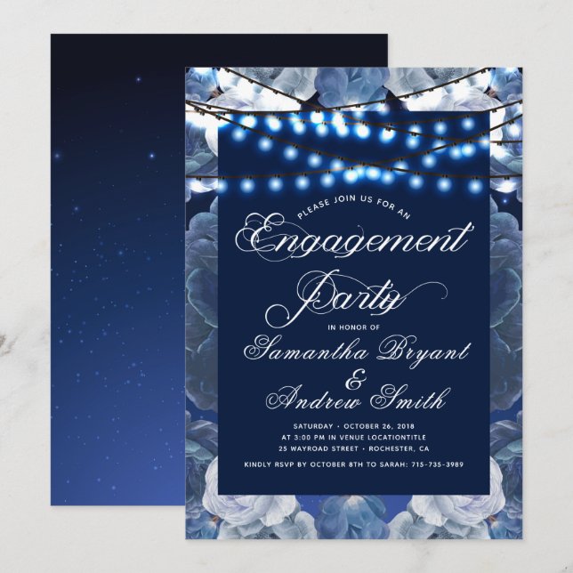 Convites Pontas de cordas Noivado Elegante Azul (Frente/Verso)