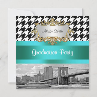 Convites Ponte de Brooklyn Blk Wht Houndstooth 2 Graduação