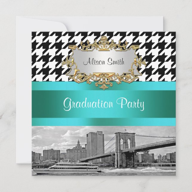 Convites Ponte de Brooklyn Blk Wht Houndstooth 2 Graduação (Frente)