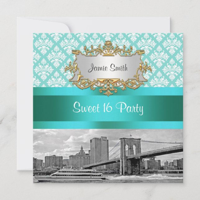 Convites Ponte de Brooklyn Turquesa Branco Damask Doze Anos (Frente)