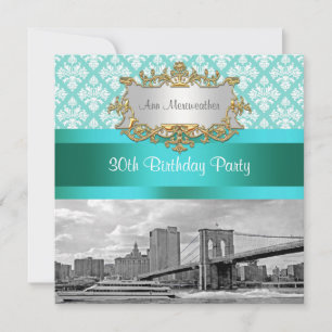 Convites Ponte de Brooklyn Turquesa Wht Damask Aniversário