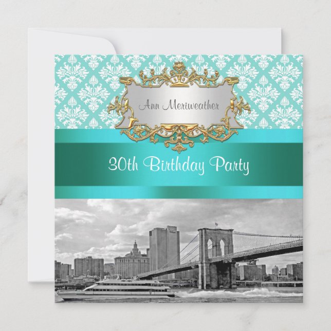 Convites Ponte de Brooklyn Turquesa Wht Damask Aniversário (Frente)