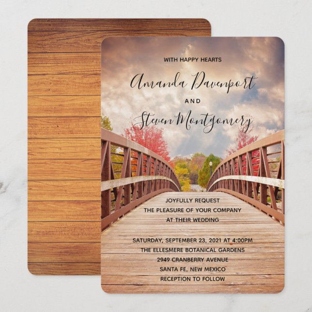 Convites Ponte de Madeira Rústica no Casamento no Campo (Frente/Verso)