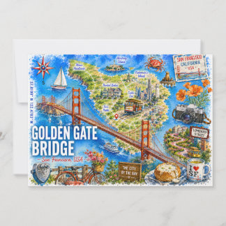 Convites Ponte Golden Gate EUA Aquarela Postais de Viagem