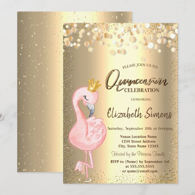 Convites Pontos de Confete Dourado, Coroa de Flamingo Rosa  (Frente/Verso)