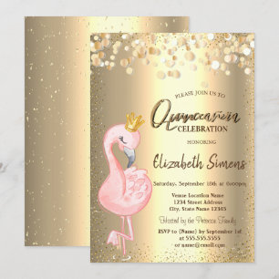 Convites Pontos de Confete Dourado, Coroa de Flamingo Rosa 