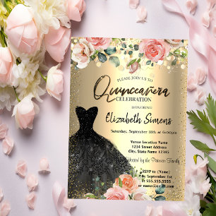 Convites Pontos de Confete Dourado, Rosas Pretas de Vestido