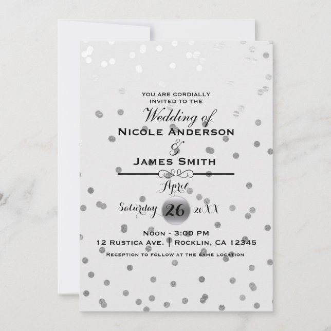 Convites Pontos de Confete Prata Branco Elegante Casamento  (Frente)