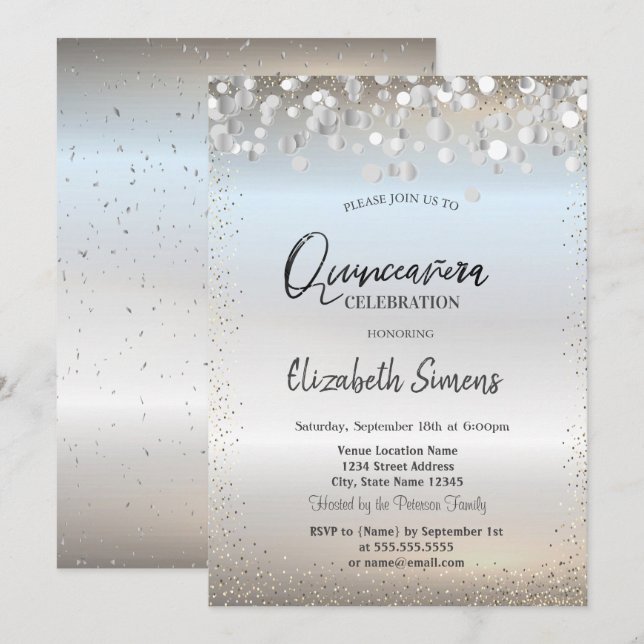 Convites Pontos de Confete Prata Princesa Prata Quinceañera (Frente/Verso)