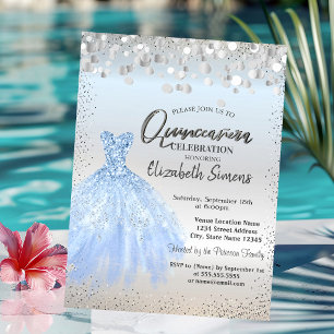 Convites Pontos de Confete Prateado, Vestido Azul Quinceañe