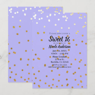 Convites Pontos de Confetes Roxo e Dourado Glamour Moderno