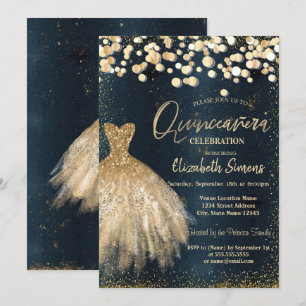 Convites Pontos de Confetti Dourados, Quinceañera Azul Escu