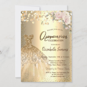 Convites Pontos de Confetti Dourados, Vestido, Rosas Quince