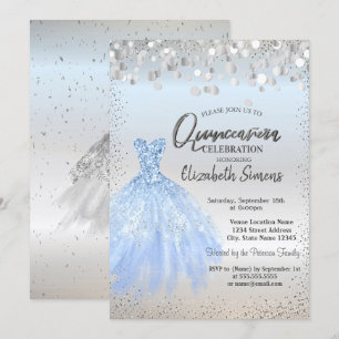 Convites Pontos de Confetti Silver, Quinceañera Vestido Azu