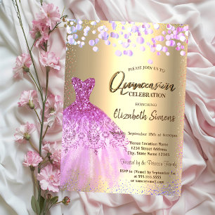 Convites Pontos de Confetti Violet, Vestido Quicañera