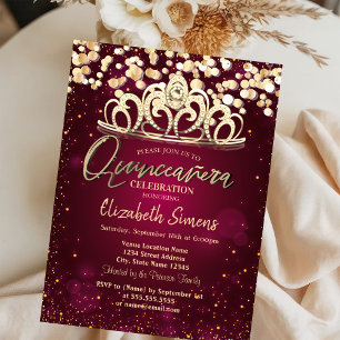 Convites Pontos de Ouro Chic, Tiara Burgundy Quinceañera 