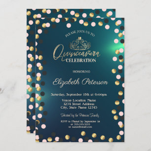Convites Pontos Dourados Elegantes, Tiara Green Quinceañera